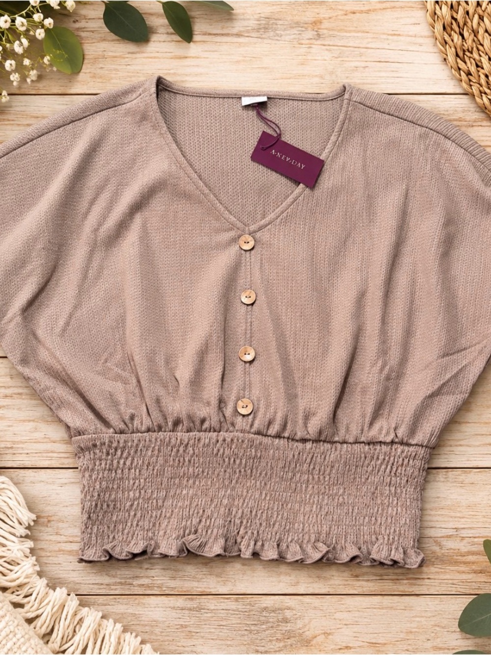 Lascana Taupe Cropped Button V-Neck Smocked-Hem Top